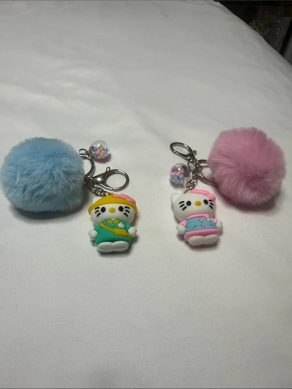 Cute Pink and Blue Kitty Pom Pom Keychain Card Holder Set